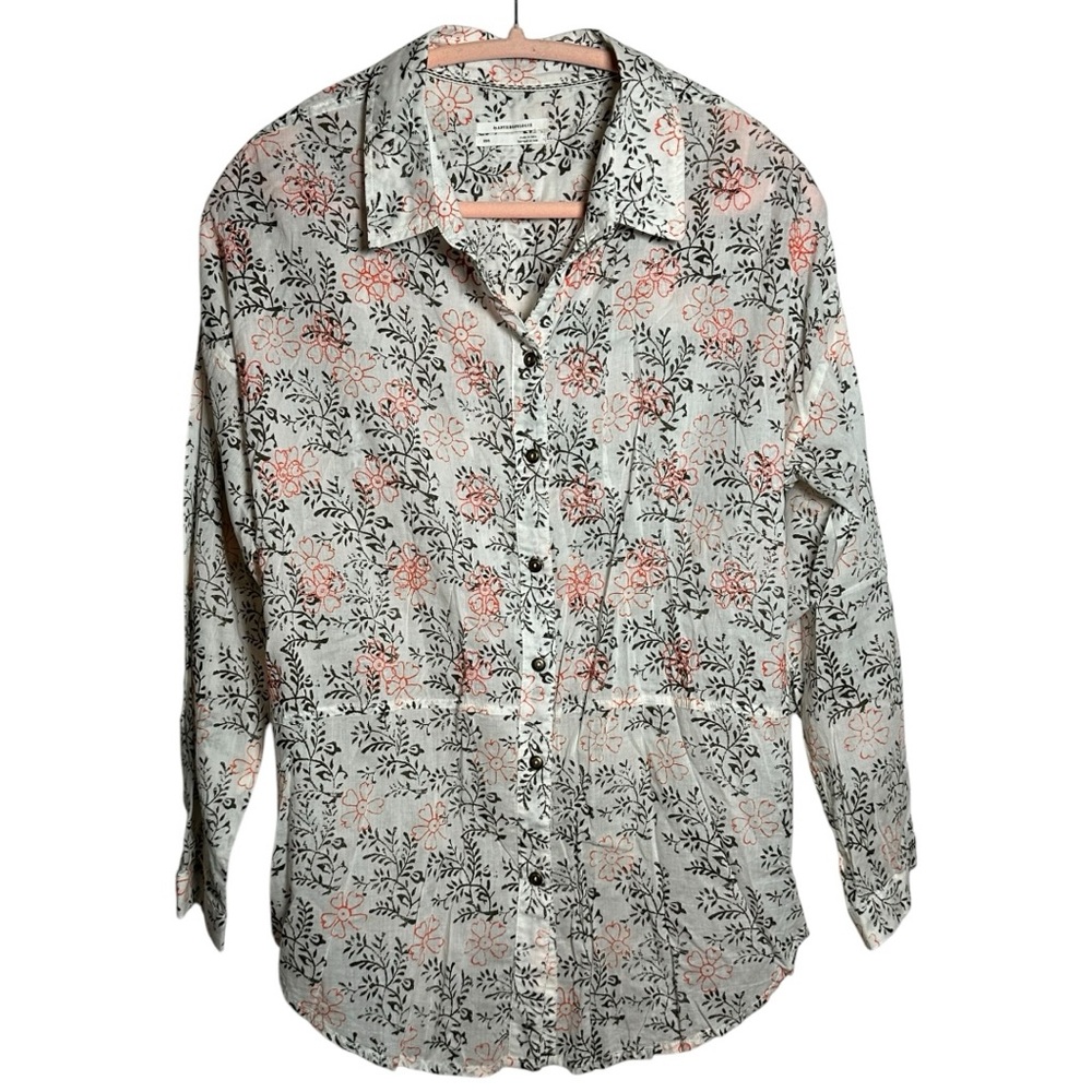 Anthropologie Floral Print White Orange Brown Button up Shirt Women XS Small